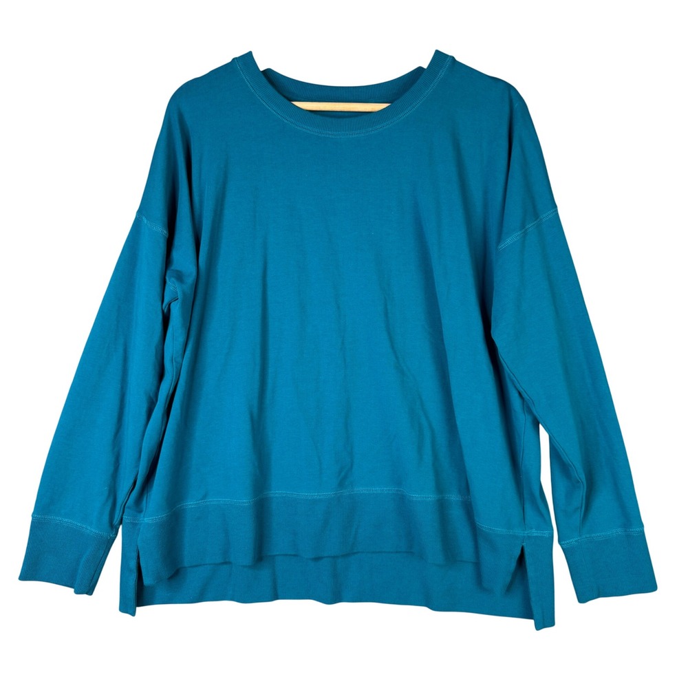 Eileen Fisher Organic Cotton Spandex Jersey Boxy Top Teal Blue Large Long Sleeve